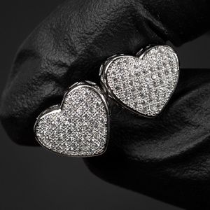 Womens Large Heart White Gold 925 Sterling Silver Micro Pave Cz Stud Earrings